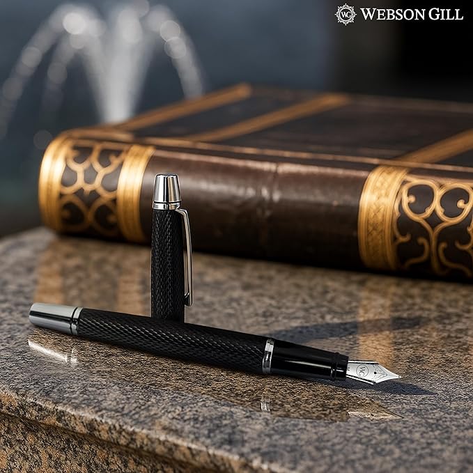 Webson Gill Show Up' Black Luxury Executive Fountain Pen, Woven Lacquer & Chrome, Medium Nib, Smudge Free, No Bleed, Use Any Fountain Ink with Included Converter, Fits Cartridges (sold separately)