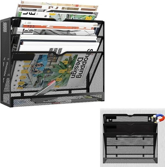 KZWKRG 4 Tier Magnetic File Holder, Large Capacity Mesh Hanging Wall Organizer Vertical Magnetic Hanging File Organizer, Magnetic File Folder Holder for File Cabinets, Office, Whiteboard (Black)