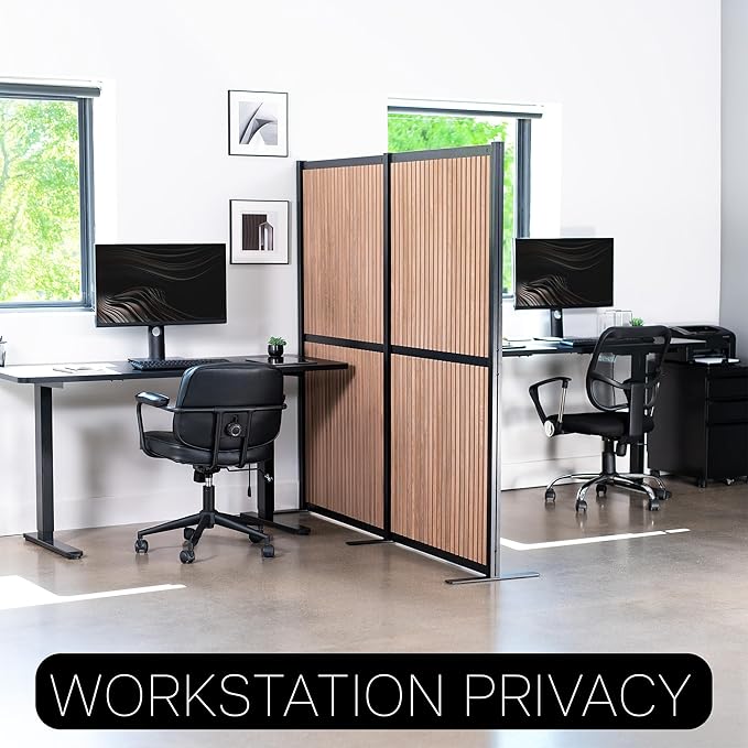 VIVO Modular Wall System, 2 PET Panels, Modern Professional Office Cubicle Dividers, Freestanding Privacy-Screen, 66 inches High, Wood Slat, Black Frame, PP-MWS63BWD