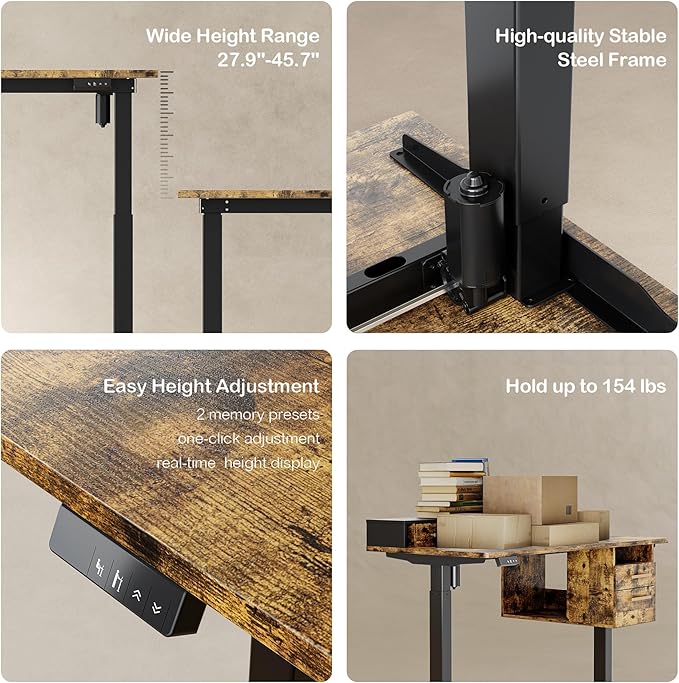 ModernMate Standing Desk with 4 Drawers, 47.2 x 23.6 Inch Whole Piece Height Adjustable Electric Sit Stand Desk, Computer Home Office Workstation with Open Storage Shelf, Rustic Brown