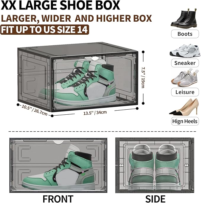 TOFWOF 8 Pack XX Large Shoe Organizer, Heavy-Duty Hard Thicken Plastic Clear Stackable Shoe Storage Box Organizer for Closet, Space-Saving Shoe Rack Display Case Bin Containers for Sneakers, Grey