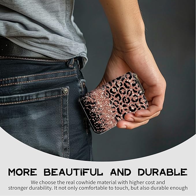 BWEGRHE Cute Credit Card Holder with Zipper, Leopard Glitter RFID-Blocking Card Case Small Wallet for Women Men, Multi-slot Card Organizer Case Travel Accordion Wallet