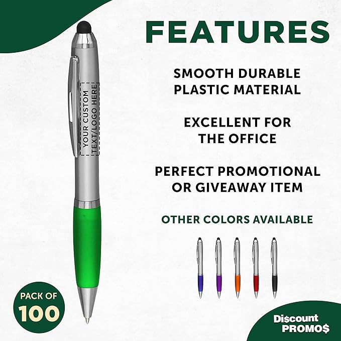 DISCOUNT PROMOS Custom Stylus Ballpoint Pens Set of 100, Personalized Bulk Pack - Black Ink, Great for Office, School, Business, Tradeshows, Events - Green