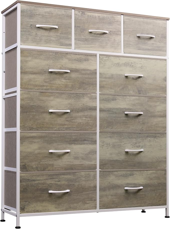 WLIVE Tall Dresser for Bedroom, Fabric Dressers Storage Tower, Dresser & Chest of Drawers Organizer Unit with 11 Drawers, Storage Cabinet, Hallway, Closets, Steel Frame, Wood Top, Greige