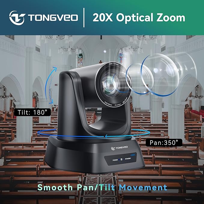 TONGVEO 4K AI PTZ Camera with Auto Tracking and 20X Optical Zoom, Conference Room Webcam with HDMI/USB3.0/LAN/PoE, Ideal for Church Worship, Zoom Meetings, Live Streaming and Education