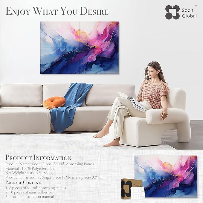 Soon Global 8-Pack Acoustic Panels, Soundproof Wall Panels, 48 X 32 Inches Sound Absorbing Panels, Decorative Acoustical Wall Panels, Acoustic Treatment for Recording Studio, Opulence
