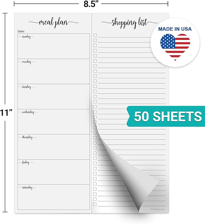 321Done Meal Planning Notepad - Made in USA - Large Letter Size (8.5x11) Weekly Menu Planner Tear-Off Simple Shopping List Meals Groceries Grocery List Memo Pad - Perforated Sunday Start