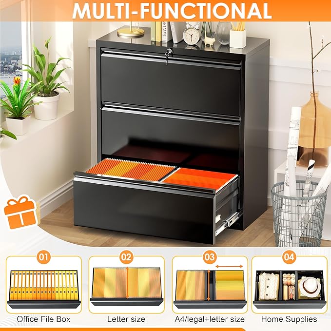 INTERGREAT 3-Drawer Black Lateral File Cabinet, Locking Metal Lateral Filing Cabinets with Lock, 28" W Horizontal Storage Cabinet with Adjustable Shelves for Home & Office