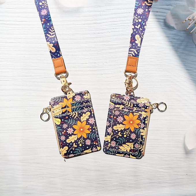 Lanyard Wallet,Wallet Lanyard,lanyards for id Badges,lanyards for id Badges for Women,Lanyard Wallet for Women,Fashion Badge Holder with Zipper（Autumn Sunflower）