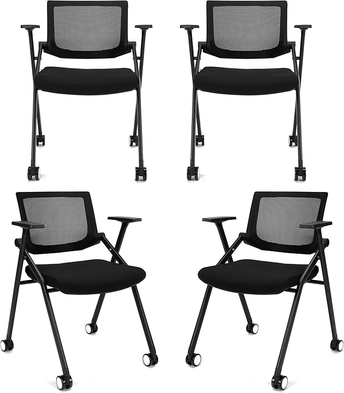 BROBRIYO, 4 Pack Stackable Conference Room Chairs with Wheels and Paddle, Ergonomic Mesh Back and Arms for Meeting, Conference, Reception, Training Room & Home Office Desk Folding Chairs (2 Boxes)