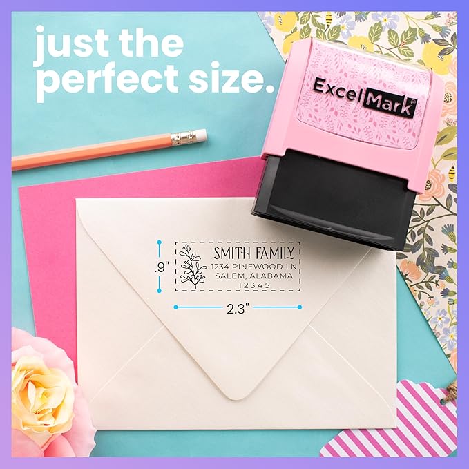 ExcelMark Address Stamp - Custom Return Address Stamp with Elegant Designs, Vibrant Colors & Patterns – Perfect for Mail, Invitations & Gifts (Pink Mount, Foliage Edge)
