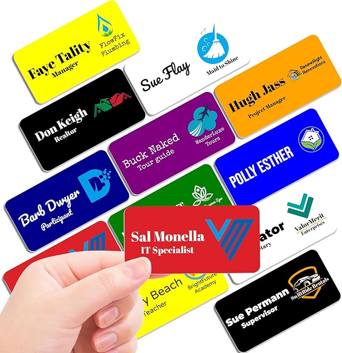 Magnet Me Up Custom Printed Magnetic Name Tag Badge with Logo (Right), 1.5x3 inch, Full-Color Customizable Identification Label, for Schools, Offices, Businesses, Made in USA