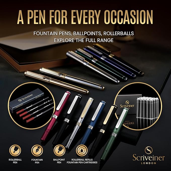 Scriveiner Luxury Fountain Pen - Stunning Black Lacquer Pen, Real Gold Finish, Schmidt Gilded Nib (Medium), Converter, Best Pen Gift Set for Men & Women, Professional, Executive, Office, Nice Pens