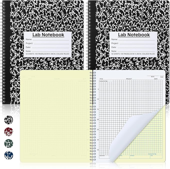 Affrolling 2 Pack Carbonless Lab Notebook Carbon Copy 8.5'' X 11'' Laboratory Engineering Chemistry Computation Notebook Science Grid Contains 50 Sets of Pages 100 Pages Total Coil Binding(Black)
