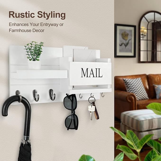 Lwenki Mail Organizer for Wall Mount – Key Holder with Shelf Includes Letter Holder and Hooks for Hallway Farmhouse Decor – Rustic Wood with Flush Mounting Hardware (16.5” x 9.1” x 3.4”) (White)
