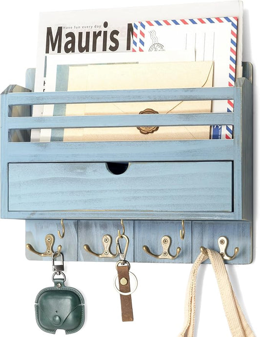 Rebee Vision Rustic Mail Organizer Wall Mounted with Drawer Organizer – Farmhouse Key and Mail Holder for Wall with 7 Key Hooks – Home Essentials for Room Decor Aesthetic (Distressed Blue)