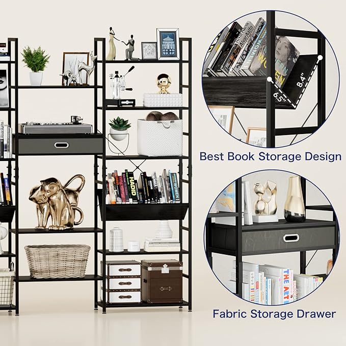 NUMENN Triple Wide 6 Tier Bookshelf, Adjustable Rustic Industrial Style Book Shelves, Modern Bookcases and Bookshelves Furniture for Bedroom, Living Room and Home Office, Black
