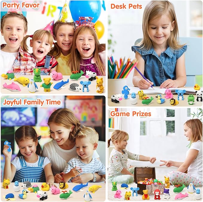 Moosia 34 Pack Animal Pencil Erasers for Kids, 3D Mini Puzzle Take Apart Erasers, Desk Pets & Treasure Box Toys, Bulk Party Favors, Classroom Prizes, School Supplies, Gift for Boys & Girls