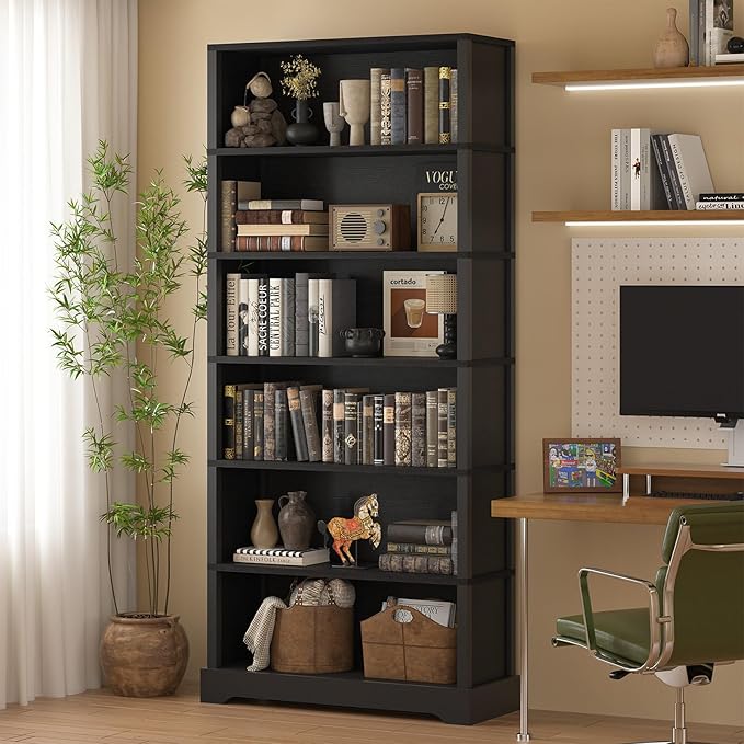 TVU 6-Tier Wooden Bookshelf, 77.2" Tall Farmhouse Style Open Bookcase, 31.5" W Standing Book Shelf with Storage, Suitable for Study, Living Room, Office, Blcak