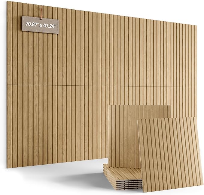 Fluxynara Large Felt Bulletin Board,Cork Board Alternative 70.87'' x 47.24'' Art Acoustical Wall Panels-6 Pack with 60 Adhesive Tabs,for Recording Studio/Home Offices-Natural Oak/Slat