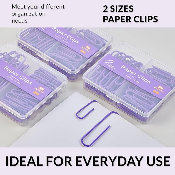 NEEWAY Colorful Paper Clips Assorted Sizes, Small and Large Paperclips, 210 Count, 3 Pack of 70 (Purple)