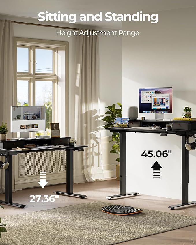 FEZIBO 55 x 24 Inch Height Adjustable Electric Standing Desk with Double Drawer, Stand up Home Office Computer Desk with 4 Height-Adjustable Feets & 2 Hooks, Black