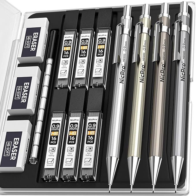 Nicpro 4 Pack Metal Mechanical Pencil Set 0.9mm, MB1000 Lead Drafting Pencil 0.9 mm with 6 Tube HB #2 Lead Refill, 3PCS 4B Eraser, 9 Cap Eraser for Artist Writing, Sketching, Drawing- Come with Case