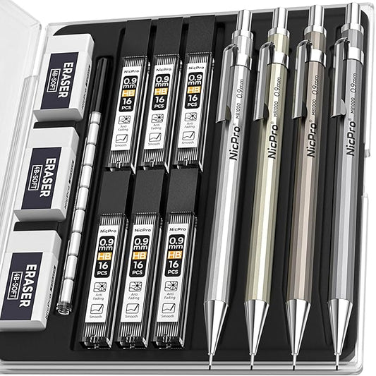 Nicpro 4 Pack Metal Mechanical Pencil Set 0.9mm, MB1000 Lead Drafting Pencil 0.9 mm with 6 Tube HB #2 Lead Refill, 3PCS 4B Eraser, 9 Cap Eraser for Artist Writing, Sketching, Drawing- Come with Case