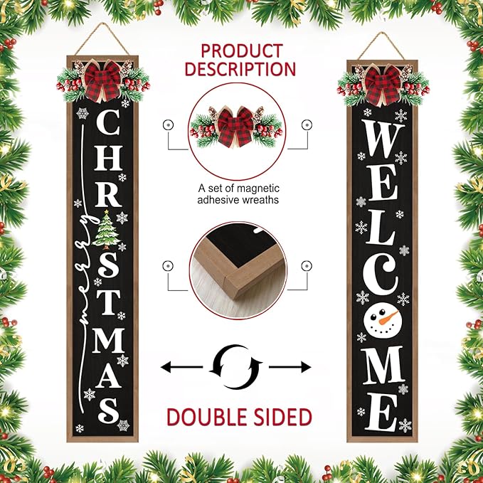 Double-sided Merry Christmas Wooden Sign Stand with Magnetic-adhesive Wreath for Front Door, 47" Farmhouse Vertical Snowman Welcome Porch Sign, 2in1 Tall Xmas Porch Leaner Decor