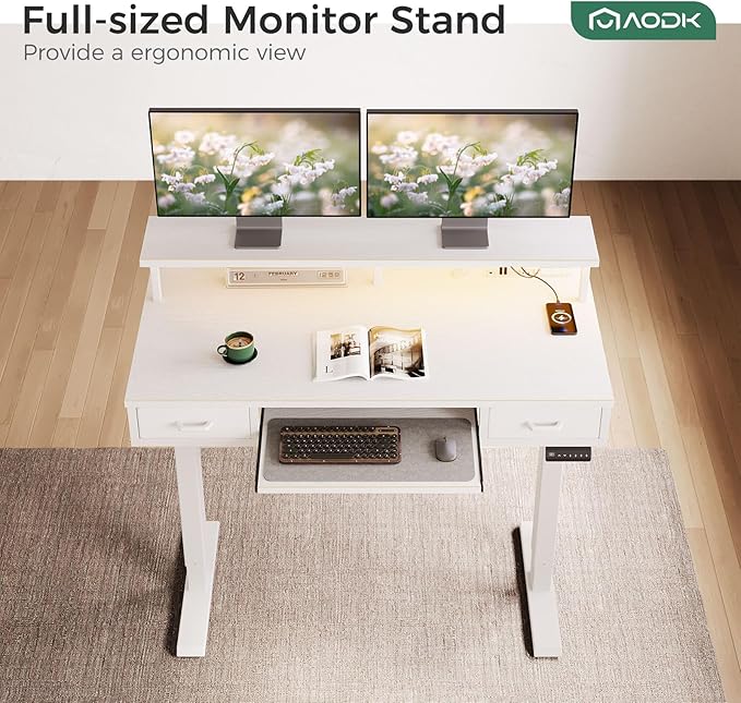 AODK Electric Standing Desk with Drawers & Keyboard Tray, 47 Inch Height Adjustable Small Gaming Desk with Power Outlets & LED Lights, Sit Stand Table with Monitor Stand for Home, Office, White