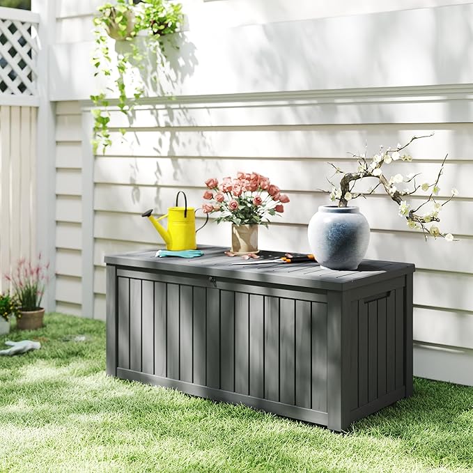 PATIOEASY Outdoor Storage Box 150GAL Waterproof Resin Deck Box,UV-Resistant Lockable Package Delivery Bin for Garden Tools,Large Patio Outside Cushions,Pool Accessories Supplies,Chest,Furniture,Black