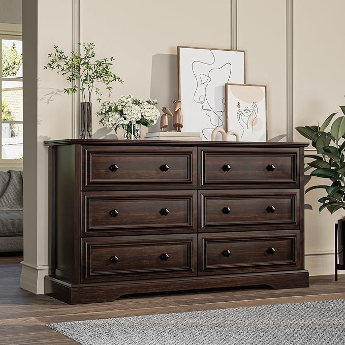 VVFLU Farmhouse 6 Drawer Dresser for Bedroom, 54" Wide Wood Dresser with Natural Texture, Rustic Chest of Drawers for Bedroom with Vintage Metal Hands, for Living Room, Hallway, Cherry