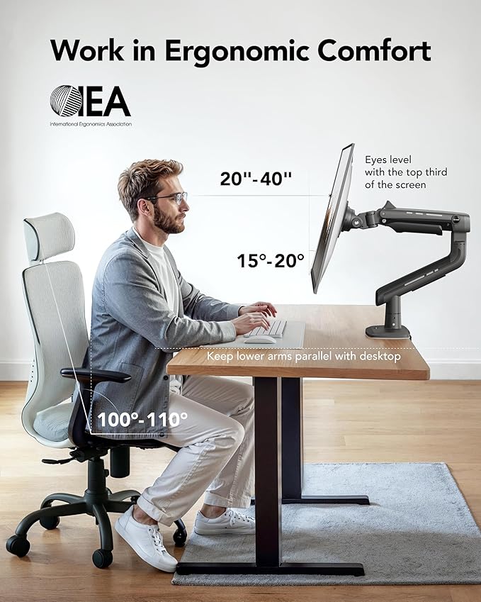 HUANUO TitanLift Heavy Duty Monitor Arm for Screens up to 49", Holds 44 lbs, Aluminum Ultrawide Screen Desk Mount, Fully Adjustable Single Gaming Monitor Mount with Dual C-Clamp, Max VESA 100x100mm