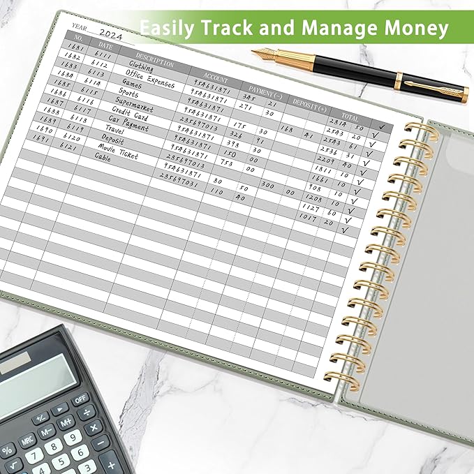 HAUTOCO Hardcover Accounting Ledger Book for Small Business Bookkeeping Horizontal Money Expense Tracker Notebook with 2 Storage Pouch, Personal Columnar Log Journal 10.78 x 8'', Olive Green