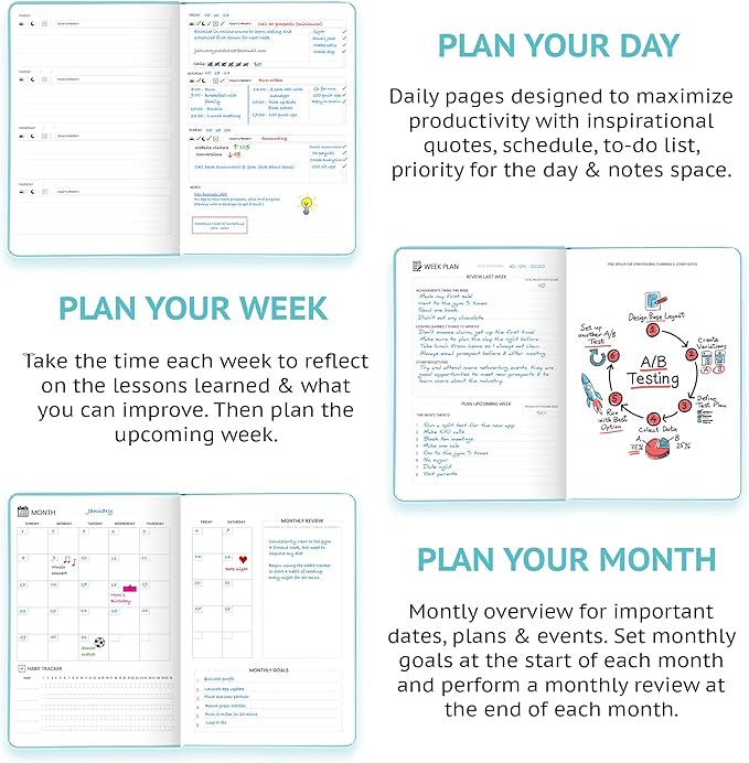 Wyze Planner Undated Daily Planner – 1-Year B5 Productivity Organizer with Two-Page Weekly Spread, Goal Setting, Habit Tracker, Weekly & Monthly Pages – Hardcover Time Management Notebook (Turquoise)