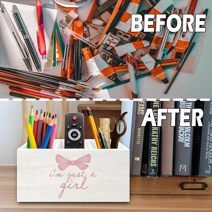 XPH Pink Coquette Bow Preppy Pen Pencil Holder Organizer for Desk, Preppy Desk Decor, I'm Just a Girl Pink Wooden Box Sign for Girly Room Bedroom Dorm Tabletop Decorations