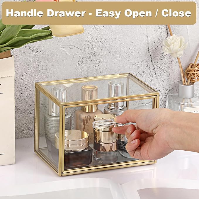 BTSKY Golden Glass Index Card Organizer Box, 3x5 Inch Index Cards Holder with Drawer, Flash Card Storage Holder, Recipe Notecard Box for Office Desk Photo Case Business Cards and Study Note Cards