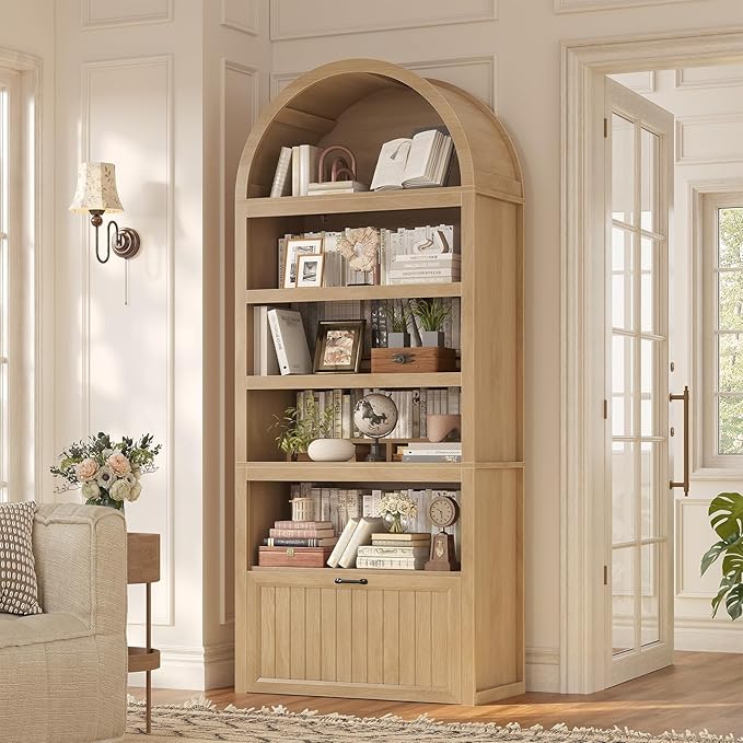 81" Tall Arched Cabinets,Bookcase with Drawer storage,Mid-Century Modern 5-Tier Bookshelf,2 Book Risers and Adjustable Shelves offering more storage space for Living Room,Kitchen,Home Office,Oak