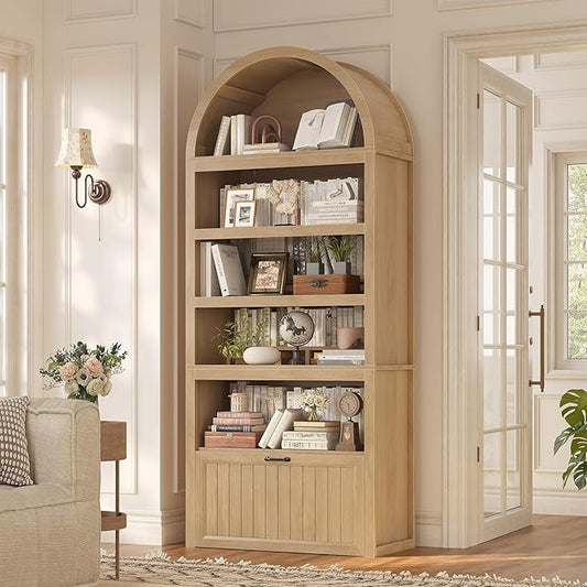 81" Tall Arched Cabinets,Bookcase with Drawer storage,Mid-Century Modern 5-Tier Bookshelf,2 Book Risers and Adjustable Shelves offering more storage space for Living Room,Kitchen,Home Office,Oak