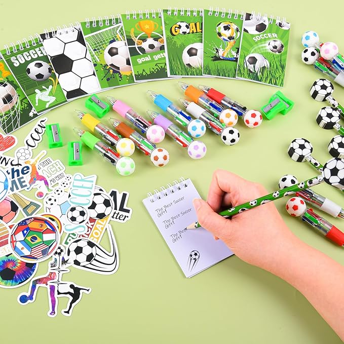 LiYiQ 247 Pcs Soccer Party Supplies Return Gifts for Party, Student Stationery Gifts from Teacher Rewards Prizes, Pencil Erasers Notebooks Stickers for Soccer Classroom Birthday
