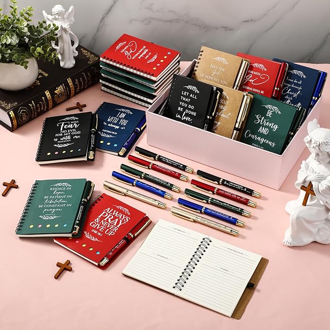 Spakon 20 Set Valentine's Day Christian Gifts Bulk Church Sticky Note Spiral Notebook Bible Verse Ballpoint Pen Prayer Journal Religious Scripture Notepad Sunday School Teacher Pastor Party Favor