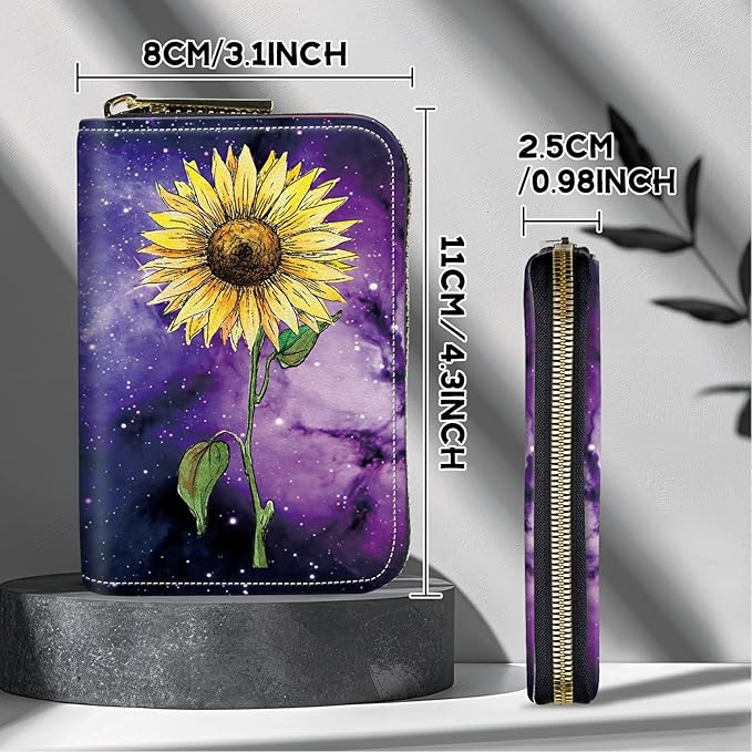 BWEGRHE Cute Credit Card Holder with Zipper, Sunflower Yellow Purple Galaxy RFID-Blocking Card Case Small Wallet for Women Men, Multi-slot Card Organizer Case Travel Accordion Wallet