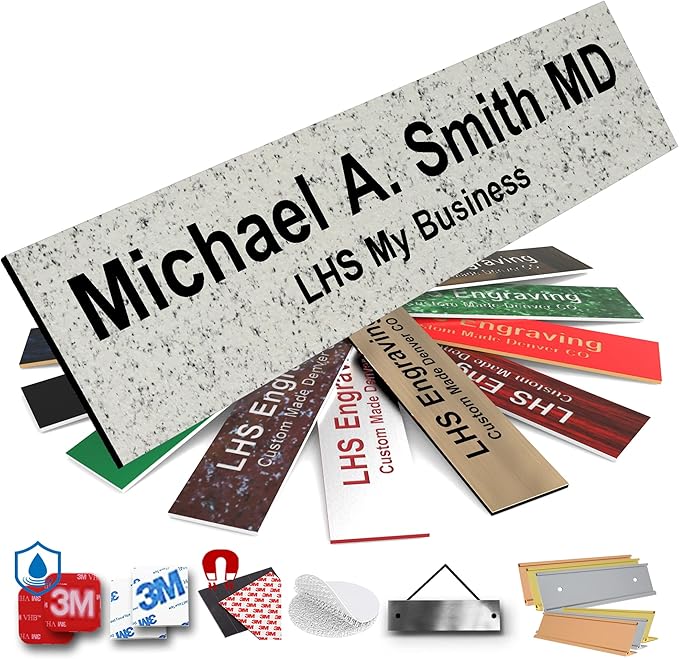 Door Name Plate Personalized for Office Stone Granite Plastic Name Plate Black Letters - Made in USA 2x4 S3