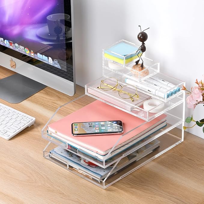EXPUTRAN (2pcs Pack) Stackable Clear Acrylic Paper Trays, Desk File Organizer, A4 Paper Holder, Letter Tray