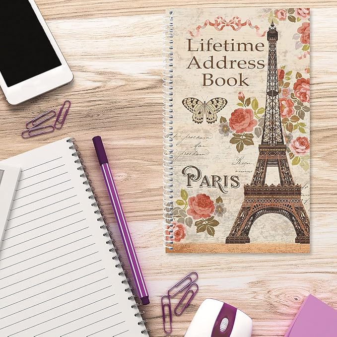 Current Parisian Postcard Address Book-94 Pages; Small 5" x 8-1/2" Size for Purse or Office,Spiral Bound Soft Cover Organizer for Contacts,Addresses, Email, & Phone Numbers + 50 Replacement Stickers