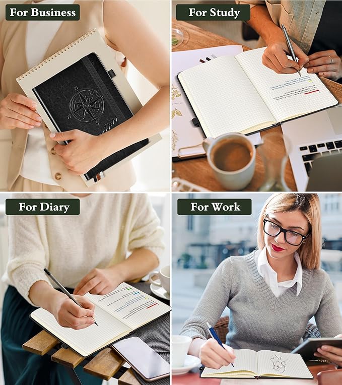 PAIBAS Graph Notebook for Women Men, 160 Pages Grid Paper, Graphing Notebooks for School, Work, Quad Ruled, Inner Pocket, A5 Hardcover Vintage Leather Journals for Writing, 5.8"x8.5" (Black)