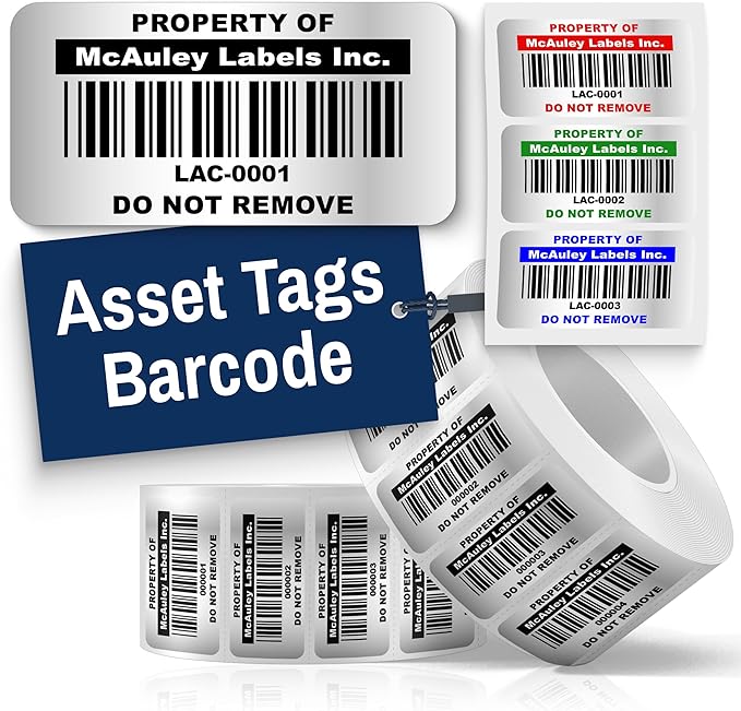 McAuley Labels Custom Asset Tags for Equipment - Numbered, Permanent - Heavy Duty Metalized Polyester, Stronger Adhesive - Barcode Label - 1.5x0.75 Inches