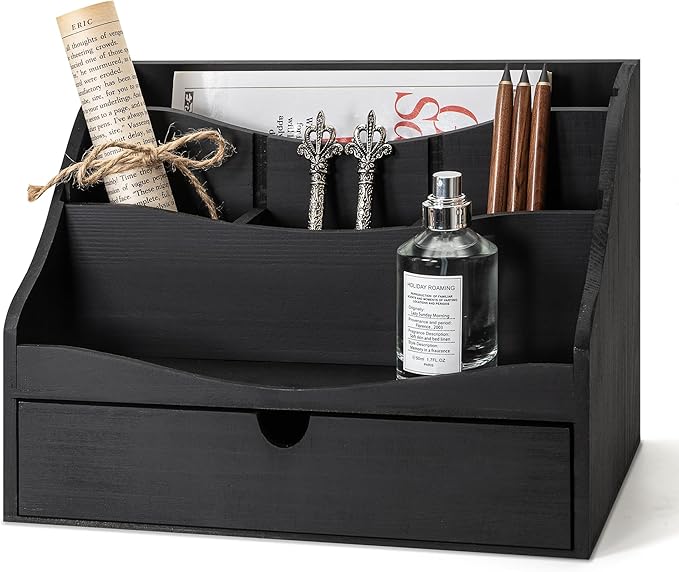 Rebee Vision Pine Wooden Mail Organizer for Desk - Farmhouse Mail Sorter Countertop Organizer for Office Desk & Home Decor - Letter Holder with Drawer for Store Jewelry (Black)