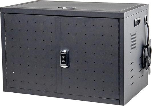 Pearington 16 Device Portable Table Top Charging and Storage Cabinet for iPads, Chromebooks and Laptop Computers, Up to 17-inch Screen Size, Bonus Shelf, Side Handles, Locking Front Door, Cable Clips