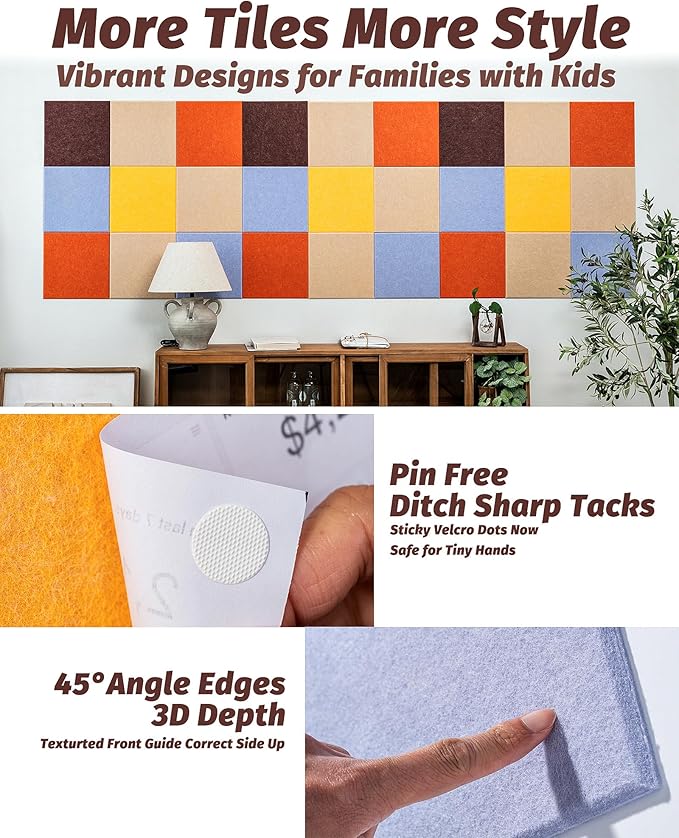 Felt Bulletin Board Wall Tiles, Cork Board Alternative with Removable Adhesive Dots for Walls, Picture Board for Office, Stylish Home, Playroom 11.8"x11.8", 9 Pack (Zesty)